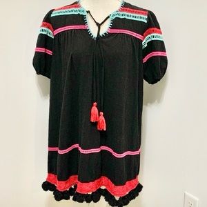 Free the Roses Embroidered Tassel Puff Sleeve Mini Dress - OVERSIZED XS